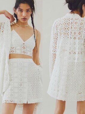 Free People One Yesenia Crochet Lace Duster Jacket White Eyelet Maxi Top Size 0.